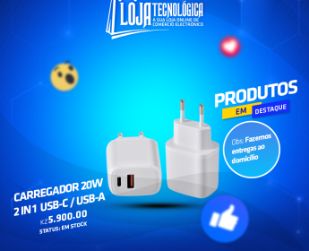 A venda CARREGADOR 20W 2 EM 1 USB-C/ USB-A