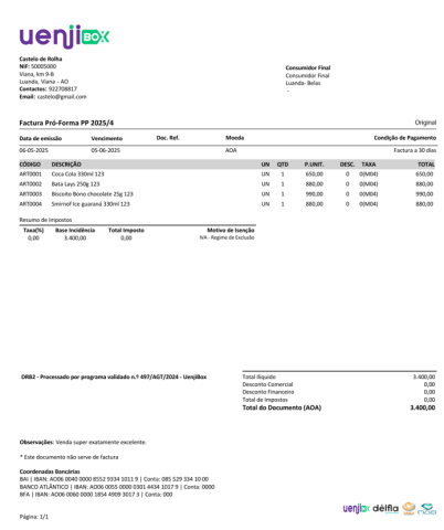 Venda Sistema de Facturação, certificado pela AGT