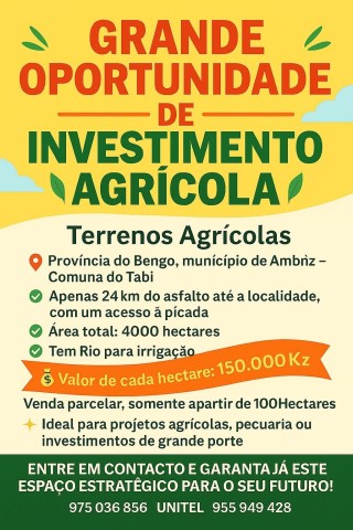 Venda Vende-se terrenos agrícolas próximo do Rio, cada hectare 150mil KZ, venda apenas apartir de 100Hectares
