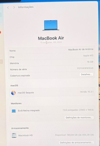 Venda Mac Book Air M3 2024, 512 GB